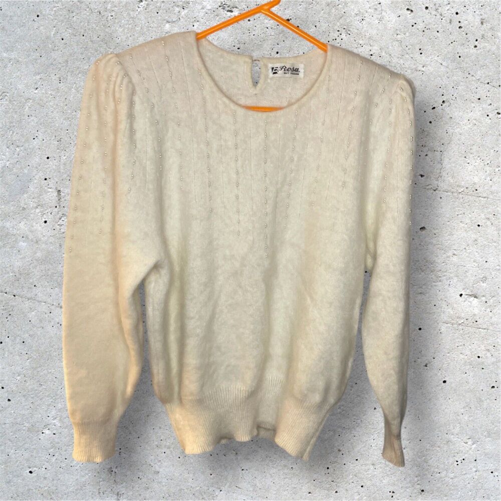 Vintage 80s Angora White Cream Sweater Padded Shoulders VTG Beaded READ